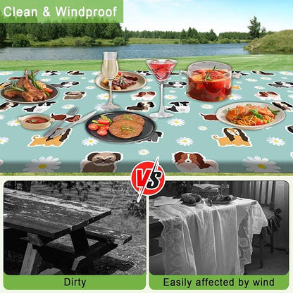 Cute Dog Picnic Table Cover with Bench Covers Camping Essentials Waterproof Windproof Funny Animal Daisy Flower Table Cover Fitted Tablecloth Cover with Elastic Edge for Outdoor 3 PCS 30x60 Inch