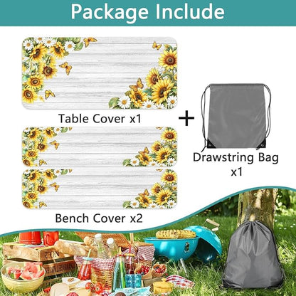 Picnic Table Cover with Bench Covers Elastic Edges, White Wooden Sunflower Butterfly Fitted Table Cover, Outdoor Patio Camping Essentials 3PCS, Waterproof Camping Tablecloth with Drawstring Bag 96in