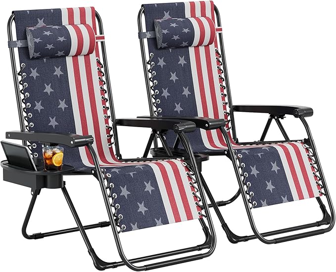 Garvee Zero Gravity Chair Set of 2, Patio Lounge Chair Outdoor with Pillow & Cup Holder Tray, Adjustable Reclining Chair, Folding Portable Camping Chair for Deck, Beach, Yard, Garden
