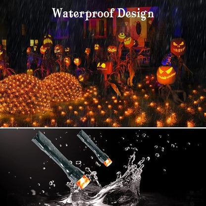BlcTec Halloween Lights 200 LED 8.4ft x 5.2ft Orange Net Lights with 8 Modes, UL Certified, Timer, Connectable, Waterproof, Dark Green Wire for Trees, Bushes, Shrub, Lawn Halloween Decorations Outdoor