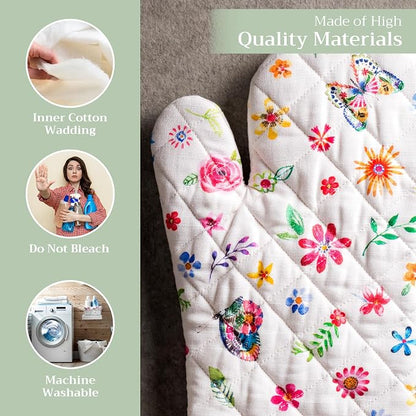 Maison d'Hermine Oven Gloves 100% Cotton Oven Mitt (7" x 13", Pack of 1) | With Loop Heat Resistant BBQ Cooking Gloves Baking Grilling Kitchen Handling Hot Pans Spring Summer - Happy Florals - Sweety
