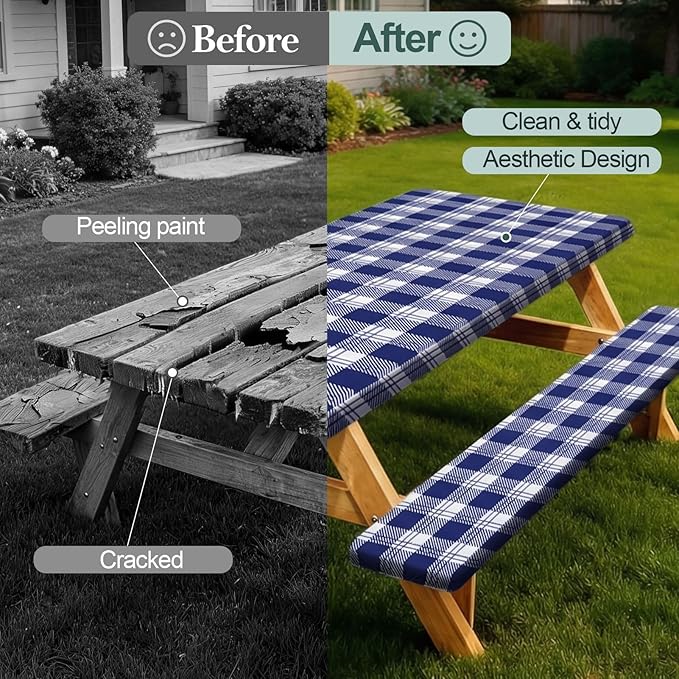 Picnic Table Cover Bench Covers Camping Essentials Tablecloth | Waterproof Vinyl for Outdoor, Windproof Elastic Fitted Edges, RV BBQ Accessories Must Haves, Storage Bag Included