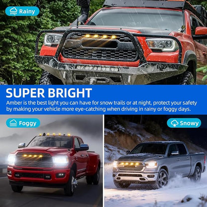 DREAMOTOR 4PCS LED Grille Lights Universal Clip-On Front Amber Grill Lights | with Wiring Harness & Fuse, Compatible With Dodge Ram 1500 Ford F150 GMC Sierra 1500 Chevy Silverado Raptor Toyota