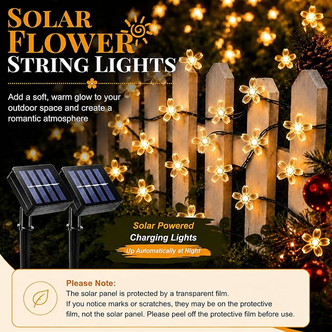 2 Pack 100 LED Solar Flower String Lights, Outdoor Waterproof,Warm White | Total 33FT Fairy Light, Cherry Blossom Christmas Lights for Garden Yard Fence Patio Christmas Tree Wedding Party Decoration