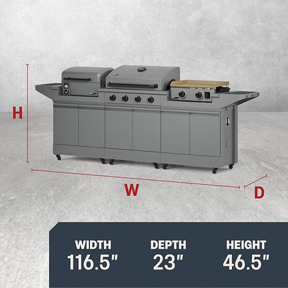 Tytus Anaheim 4-Burner Gas Grill with Two Prep Carts, Pellet Smoker, and Gas Griddle with Cover, Light, and Baking Stone - Modular Outdoor Kitchen, Quick Assembly, Grill for Outdoor Cooking