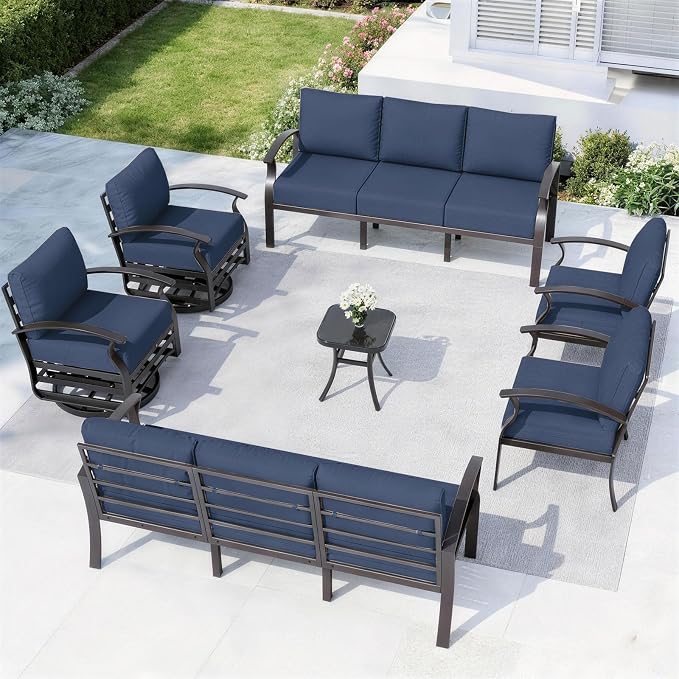 ALAULM Aluminum Patio Furniture Set with 2 Swivel Chairs 10-seat Metal Outdoor Furniture Patio Sectional Sofas Patio Conversation Set w/5.1" Cushions for Patio, Backyard, Poolside-DarkBlue