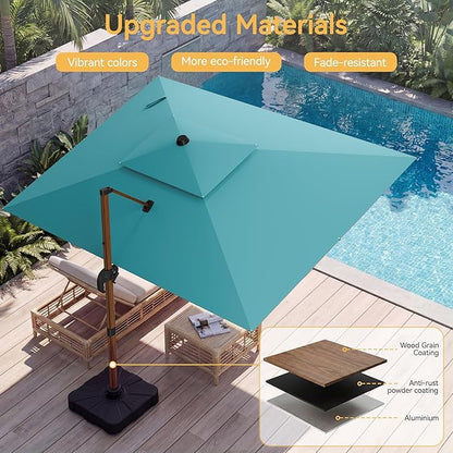 10x13 FT Wood Pattern Patio Umbrella, Large Deluxe Cantilever Rectangular Double Top Heavy Duty Offset Umbrellas with 360° Rotation, Outdoor shade for Garden Deck Pool Patio, Turquoise