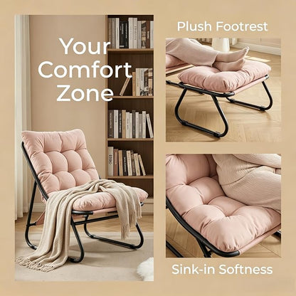 Rocking Chair with Ottoman, Modern Metal Frame Outdoor Rocker, Comfy Patio Lounge Chair with Footrest, Reading Glider Chairs for Living Room, Bedroom, Balcony, Garden, Relax, Pink