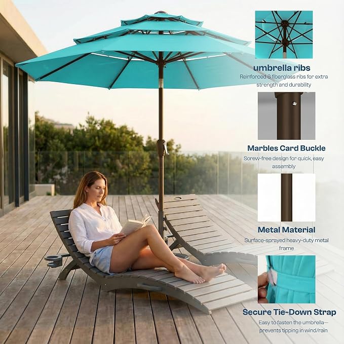 10ft Patio Umbrella, 3 Tier Outdoor Market Table Umbrellas with 8 Fiberglass Ribs and Push Button Tilt, Windproof, Vented Canopy, UV Protection for Deck, Pool, Backyard