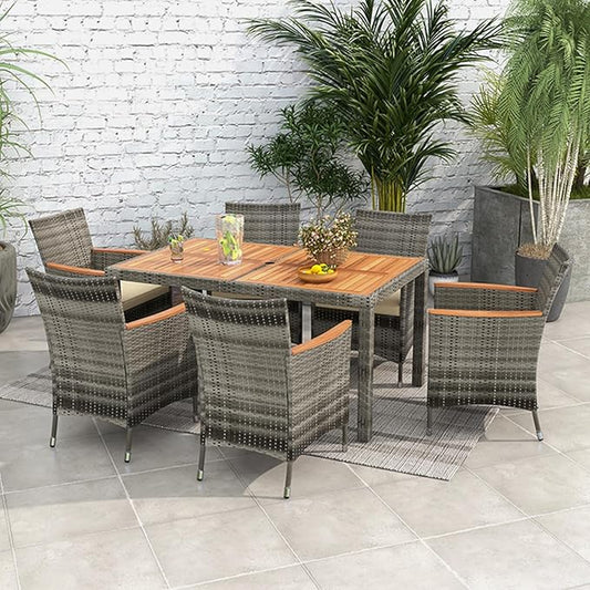 COSTWAY 7-Piece Patio Dining Set for 6, Outdoor Rattan Wicker Table and Chairs Furniture Set with Umbrella Hole, Acacia Wood Tabletop for Backyard, Balcony, Poolside, Grey & Beige