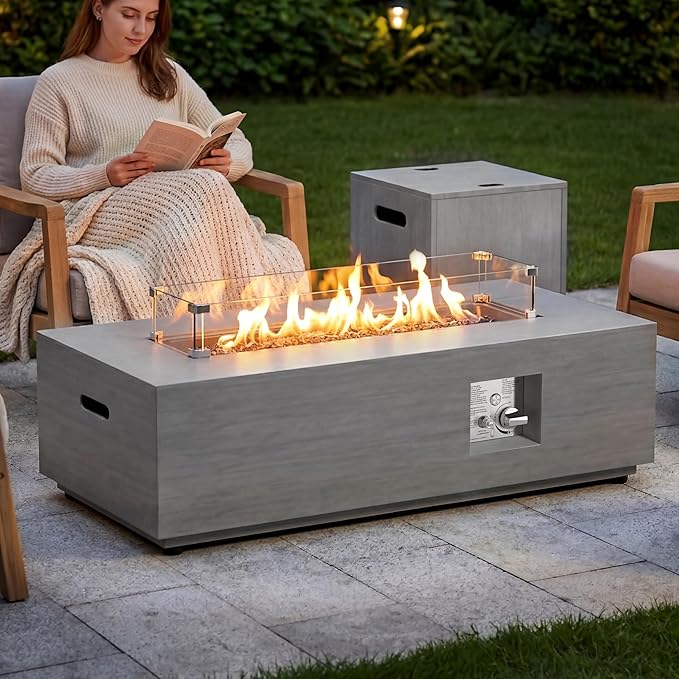 SUNPEAK 42" Rectangular Propane Fire Pit table, 50,000 BTU Fireplace Table with Wind Guard Glass, Lid, Rocks and Cover, Outdoor Fire Pit for Deck or Patio, Fogata para Patio (Light Grey, 42" Standard)
