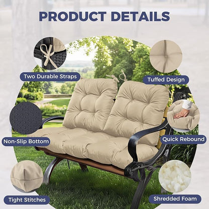 Wicker Chair Cushions of 3 Pieces, Waterproof Cushions for Patio Furniture, Tufted Wicker Outdoor Furniture Cushions, 1 Patio Loveseat Cushion and 2 U-Shaped Cushions, 44"x19"x5", Beige