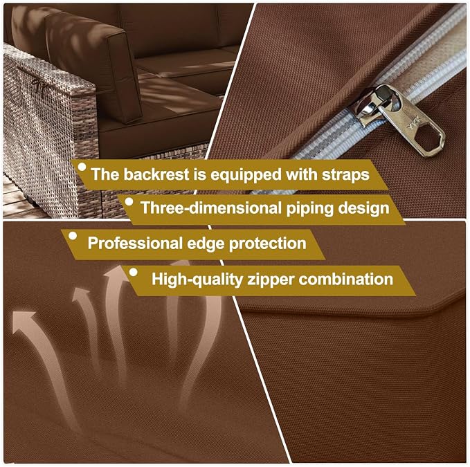 14 Piece Outdoor Patio Cushion Cover Replacement, Waterproof Patio Cushion Covers, Outdoor Furniture Cushion Covers Set for 6 Seat Wicker Rattan Sofa (Coffee)