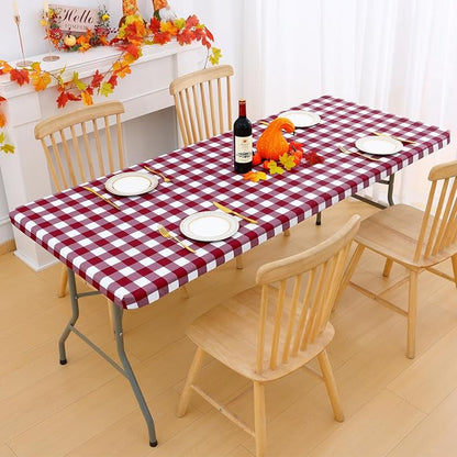 Smiry Rectangle Picnic Table Cloth, Elastic Waterproof Fitted Vinyl Tablecloths, Flannel Backed Buffalo Plaid Table Covers for Dining, Camping, Outdoor (Burgundy and White, 30" x 96")