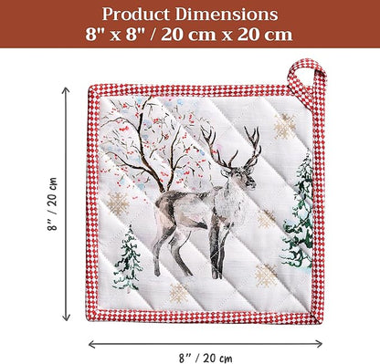 Maison d' Hermine Pot Holders 100% Cotton Heat Resistant Potholders 8" x 8" Hot Pads with Loop for Thanksgiving Christmas Decorations BBQ Cooking Baking Handling Hot Pans (Pack of 1, Rural Christmas)