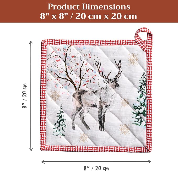 Maison d' Hermine Pot Holders 100% Cotton Potholders (8" x 8", Pack of 2) | Heat Resistant Hot Pads with Loop BBQ Cooking Baking Hotel Kitchen Handling Hot Pans Thanksgiving Christmas - Rural Christmas