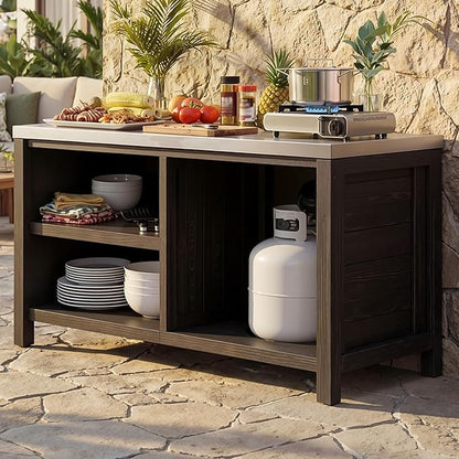 MOUMON Patio Grill Prep Table with Propane Tank Storage, Solid Cedar Patio Cabinet with Stainless Steel Top, Outdoor Cooking Station, Propane not Included, Dark Grey 51.2”W x 23.6”D x 27.6”H