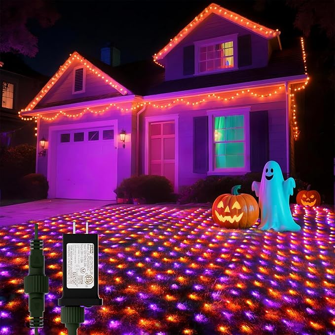 LitHome 21FT x 5FT Halloween Net Lights Outdoor Connectable, 360 LED | Purple Orange Bush Lights with 8 Modes, Waterproof Net Mesh Light Dark Green Wire for Bushes Shrubs Trees Holiday Decor