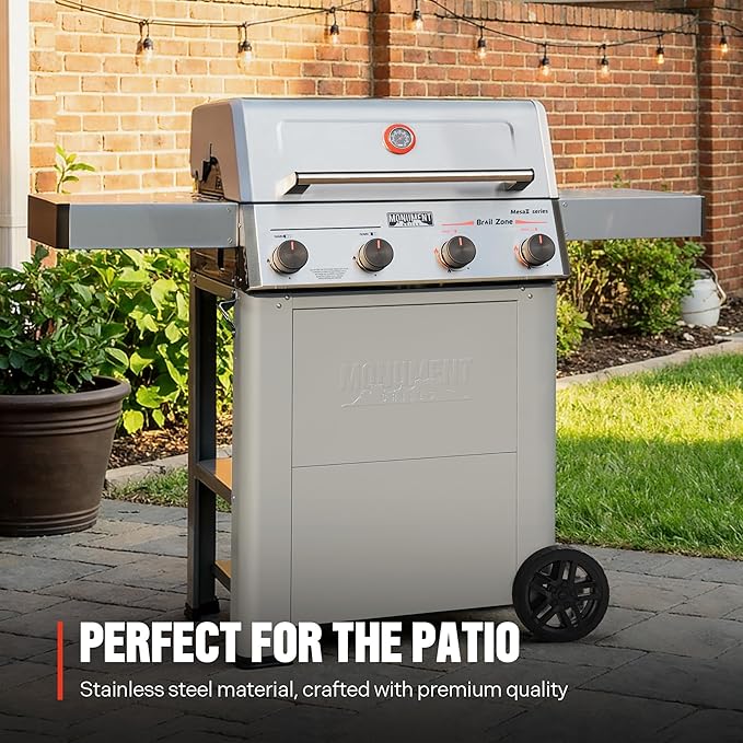 Monument Grills 4 Burner Propane Gas Grill with Advanced Broil Zone, Stainless Steel Barbecue M2 Grill with Smoker Box, Foldable Side Shelves, Fast Heating, Assembles in 30 Minutes, Mesa II 410FBZ