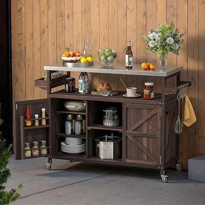 LUMISOL Outdoor Grill Cart with Stainless Steel Top, Farmhouse Solid Wood Kitchen Island with Storage Rack, Outdoor Rolling Bar Cart & Storage Cabinet with Spice & Towel Rack, Dark Brown