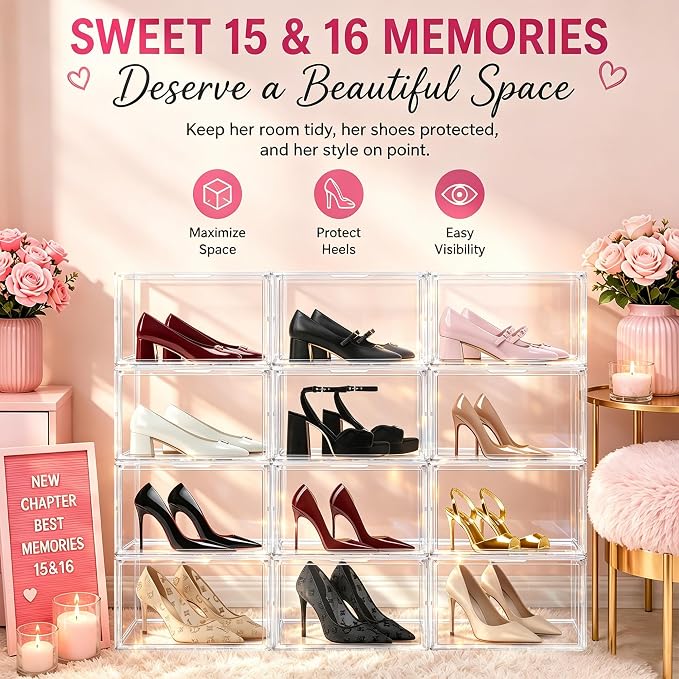 12 Pack Low Profile Clear Shoe Storage Box for Flats,Loafers,Heels | Space-saving 7.6-inch height fits under shelves &cabinets.Ideal for flats,loafers,slip-ons&compact living.1 Pack Fit Size 12