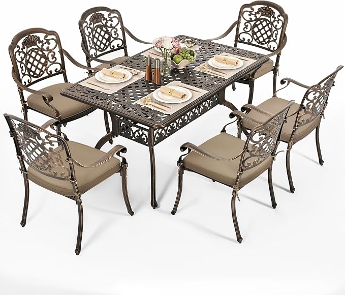 Pamapic 7-Piece Outdoor Dining Set,Cast Aluminum Patio Furniture with Vintage Table & 6 Stackable Chairs, Outdoor Furniture Set for Garden, Poolside (with 6 Cushion,Bronze)