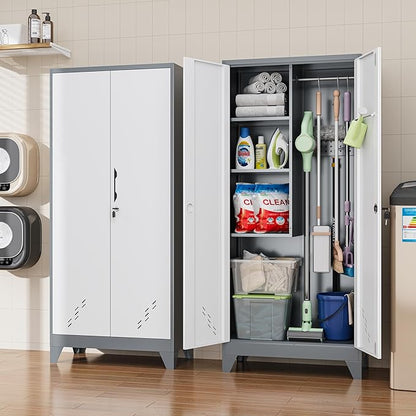 61" Broom Storage Cabinet, Cleaning Tool Storage Cabinet, Garage Utility Storage, Metal Broom Closet for Home, Garage, Utility Room, Hanging Rod (Gray White, Door-2)