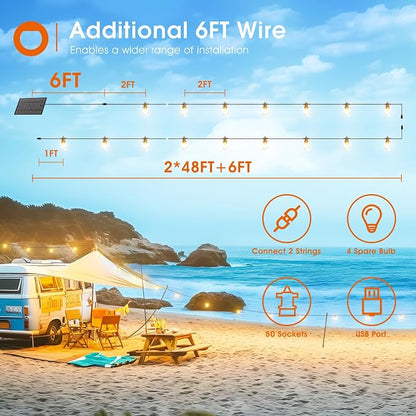 addlon 100FT(2FT) Solar String Lights Outdoor, with 50 Bulbs, Last 20+ Hrs | USB Charging, IP65 Waterproof. Dimmable Timer via Remote. Memory, 3 Modes, 2700K Warm White. Easy Install for Patio, Porch.
