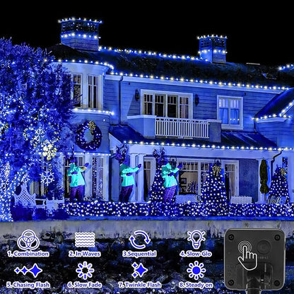 YEGUO Solar Rope Lights Outdoor Waterproof, 66ft 200 LED Blue and White String Lights, 8 Modes Fairy Lights in Clear Thin Tube