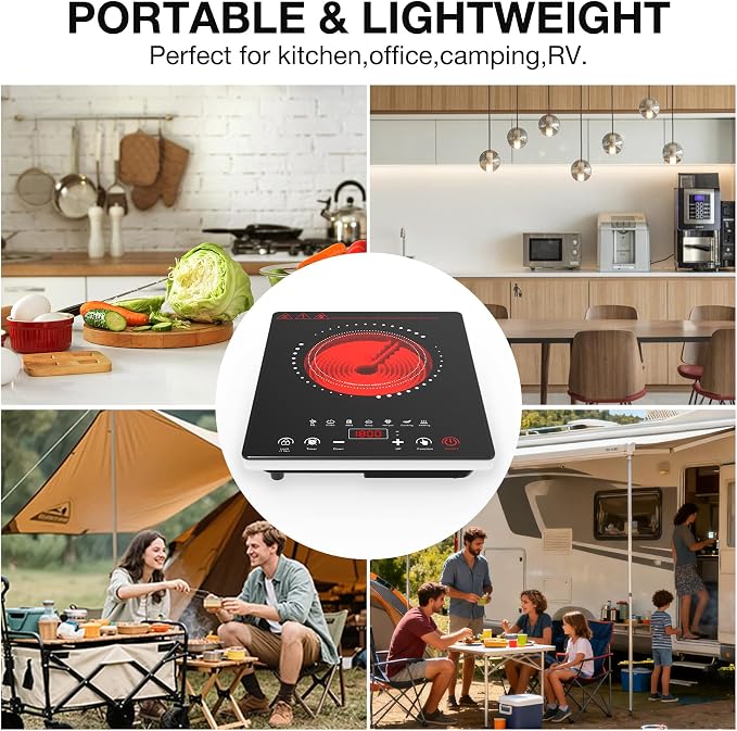Portable Electric Cooktop GTKZW, 1800W Single Stove Burner Hot Plate with LED Touch Screen, for RV and Dorm