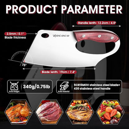 ROCOCO Easy Handle Meat Cleaver - Effort Saving Chef Knife Unique Professional for Kitchen Cutting Meat Vegetable Gift Red Full Tang Stainless Steel 7.48"