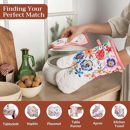 Maison d'Hermine Oven Gloves 100% Cotton Oven Mitt 7" x 13" with Loop Heat Resistant Cooking Gloves Baking Grilling Kitchen Hotel Home Farmhouse Spring Summer(Pack of 1, Happy Florals - High Summer)