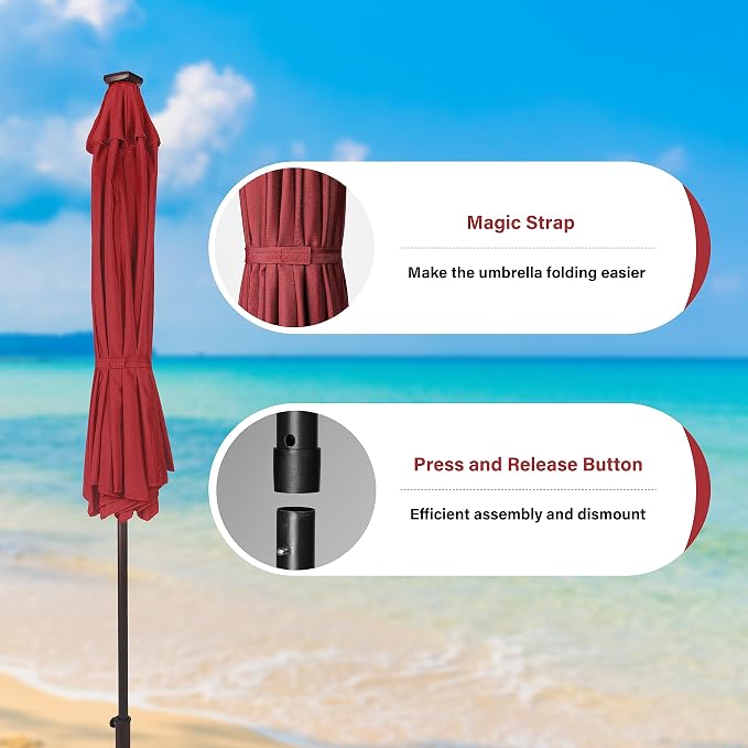 YSSOA 9' Solar Umbrella 32 LED Lighted Patio Umbrella Table Market Umbrellas with Push Button Tilt/Crank Outdoor for Garden, Deck, Backyard and Pool, Red