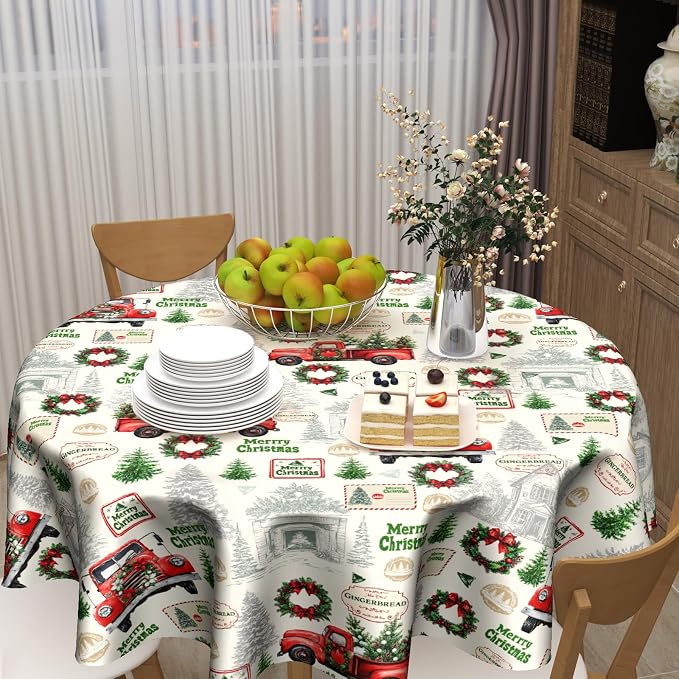 Xmas Red Truck Table Cloth Round Newbridge Green Xmas Pine Hill Tree Tablecloth 70 Inch Decor Washable Stain and Wrinkle Resistant Winter Round Table Cover for Dining Picnic