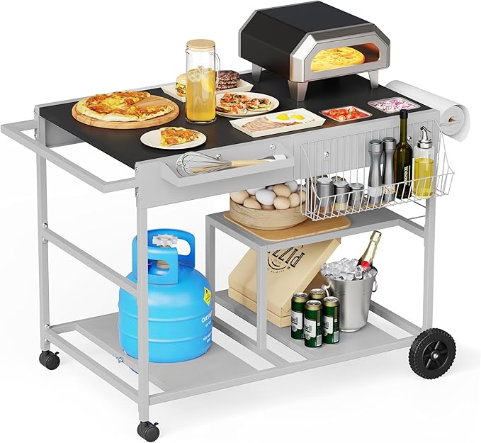 Vongrasig Pizza Oven Table with Topping Station, Patio Kitchen Island Outdoor Bar Cart, Outdoor Grill Cart with Storage for Blackstone Grill Ooni Pizza Ovens