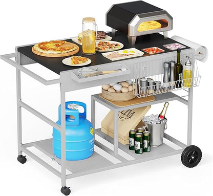 Vongrasig Pizza Oven Table with Topping Station, Patio Kitchen Island Outdoor Bar Cart, Outdoor Grill Cart with Storage for Blackstone Grill Ooni Pizza Ovens