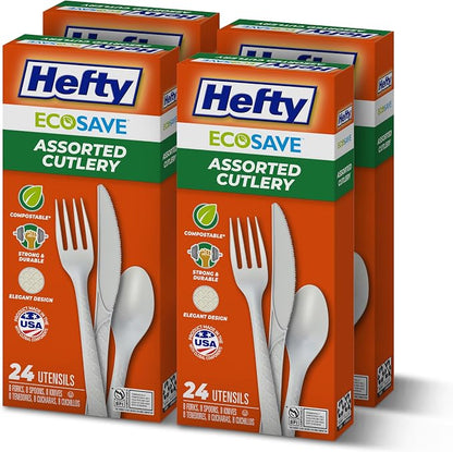 Hefty ECOSAVE Compostable Assorted Cutlery Set, 4 Pack, Utensils for BBQs, Tailgates, Camping, and Parties, Includes 8 Forks, 8 Spoons, and 8 Knives per pack, Compostable, Sustainable Design