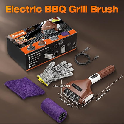 Misshappy Electric BBQ Grill Brush - 4000mAh Cordless BBQ Grill Cleaner 2 Speed - 800RPM Bristle Free Electric Grill Cleaner for Outdoor Grill Rechargeable with Scraper/LED Light/LED Display (Brown)