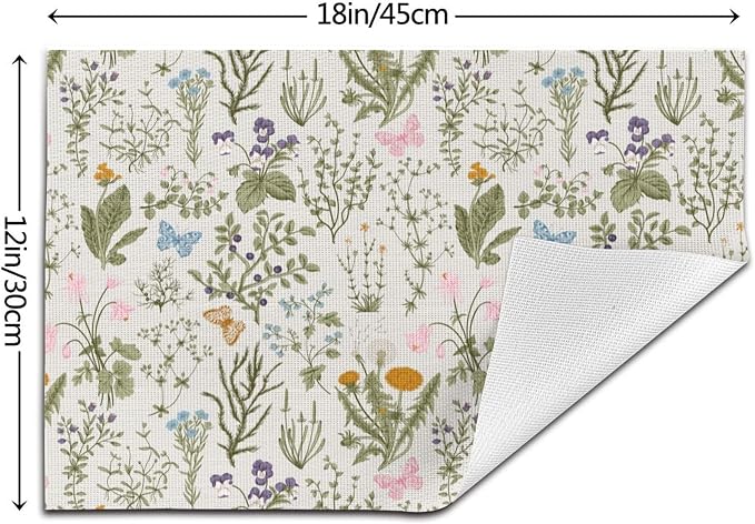 Vintage Wildflowers Placemats Set of 4 Herbs Plants Dining Table Mat | Washable Cute Botanic Spring Summer Sage Green Place Mats for Kitchen Dinner Parties Decor12"x18"