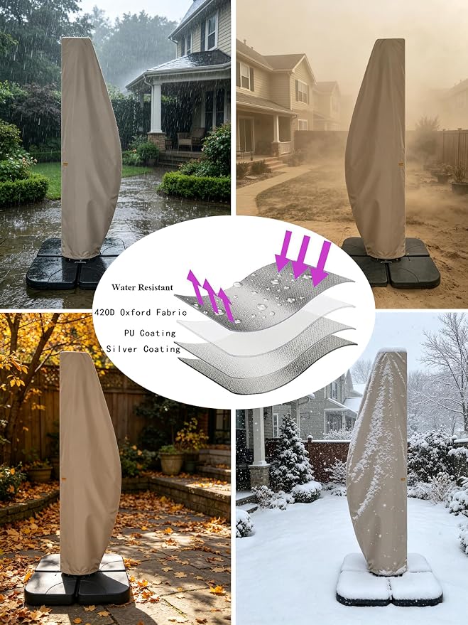 Patio Umbrella Cover for 12FT to 14FT Offset Umbrella, Water Resistant, Curved Cantilever and Straight Pole Parasol Outdoor Umbrellas Cover with Zipper and Rod
