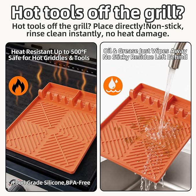 Silicone Grill Mat Compatible with Blackstone Griddle Accessories, Extra-Thick Griddle Tools & Spatula Mat with Drip Pad for Side Shelf, Outdoor BBQ Utensil Holder, Gifts for Men (Orange)