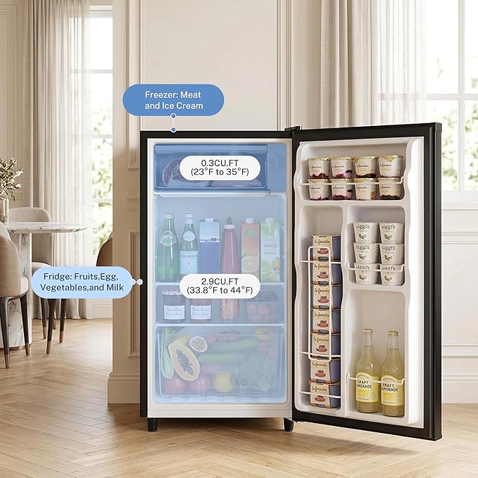 3.2 Cu.Ft Mini Fridge with Freezer, 1 Door Small Refrigerator with Adjustable Thermostat Energy-efficient Low Noise, Compact Fridge for Bedroom, Office, Dorm, Black