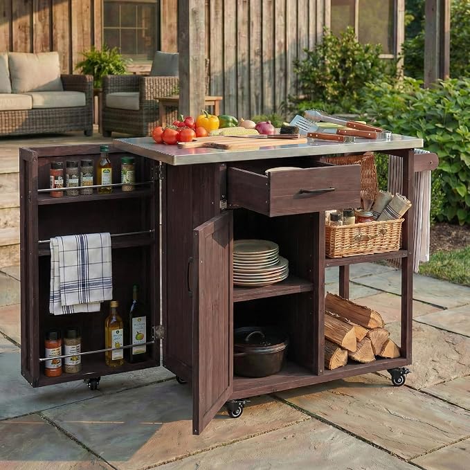 JIVOIT Outdoor Kitchen Island with Stainless Steel Worktop, Fir Wood Prep Station Lockable Kitchen Cart with Ample Storage Space, Towel and Spice Racks for Patio and Outdoor (Dark Brown/122)