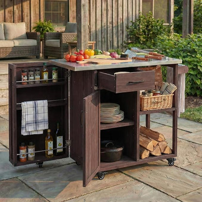 JIVOIT Outdoor Kitchen Island with Stainless Steel Worktop, Fir Wood Prep Station Lockable Kitchen Cart with Ample Storage Space, Towel and Spice Racks for Patio and Outdoor (Dark Brown/122)