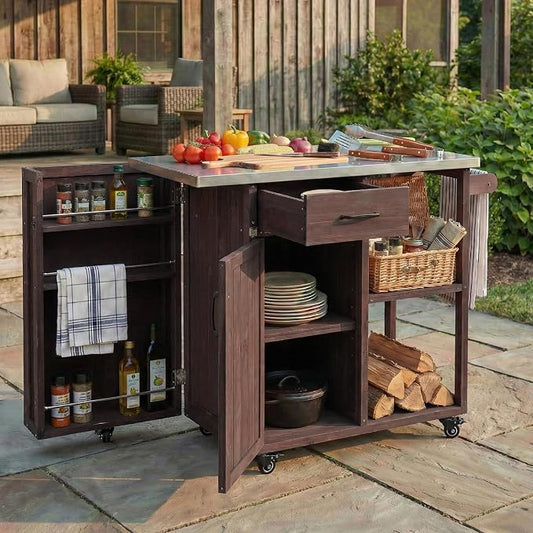 JIVOIT Outdoor Kitchen Island with Stainless Steel Worktop, Fir Wood Prep Station Lockable Kitchen Cart with Ample Storage Space, Towel and Spice Racks for Patio and Outdoor (Dark Brown/122)