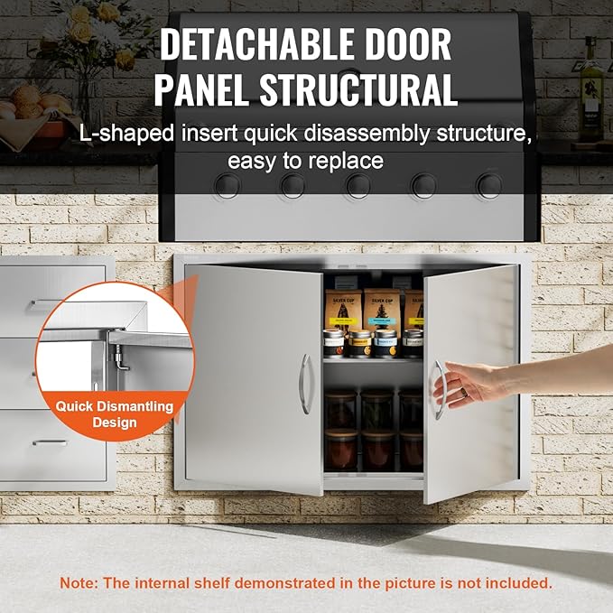 VEVOR BBQ Access Door, 39W x 26H Inch Double Outdoor Kitchen, Stainless Steel Flush Mount, Wall Vertical with Handles and Hooks, for BBQ Island, Grilling Station, Outside Cabinet