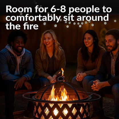 Sunnydaze Crossweave Outdoor Fire Pit - Wood-Burning Fire Pit for Outside with Spark Screen, Poker and Round Cover - 30-Inch - Bronze