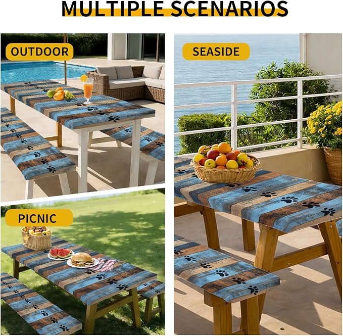 Picnic Table Cover with Bench Covers, 72 X 30 Inch Elastic Fitted Camping Tablecloth with Strap Design for 6FT Rectangle Tables, Windproof Outdoor Tablecloth Set with Storage Bag