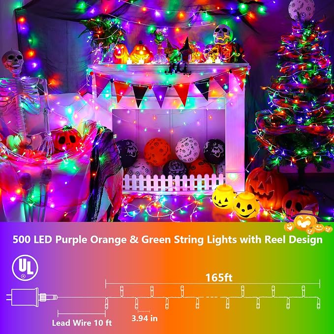 YEGUO 165ft 500 LED Halloween String Lights, Clear Wire Christmas String Lights Indoor, 8 Modes Twinkle Tree Lights Plug in with Timer Memory(Orange Purple and Green)