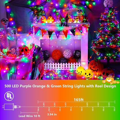 YEGUO 165ft 500 LED Halloween String Lights, Clear Wire Christmas String Lights Indoor, 8 Modes Twinkle Tree Lights Plug in with Timer Memory(Orange Purple and Green)